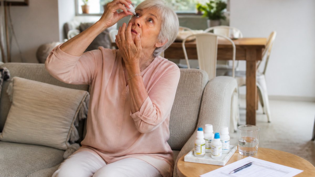 An older woman sitting in a bright living room carefully placing prescription eye drops into her eye, with a small tray of labelled drop bottles and a printed medication schedule on the side table beside her